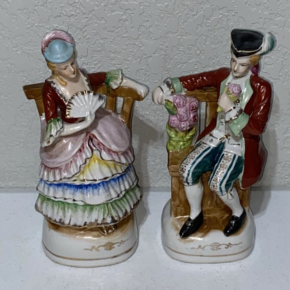 VTG Made In Occupied Japan Seated Man Woman Victorian Couple Figurine Pair 9”